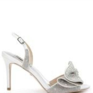 White satin and rhinestone heel sandals